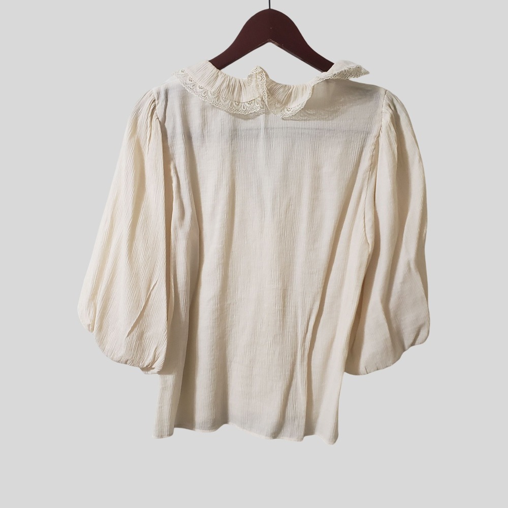 Zara Womens Cream Lace Ruffle V-Neck Button Front Balloon Sleeve Blouse Small - Picture 5 of 12